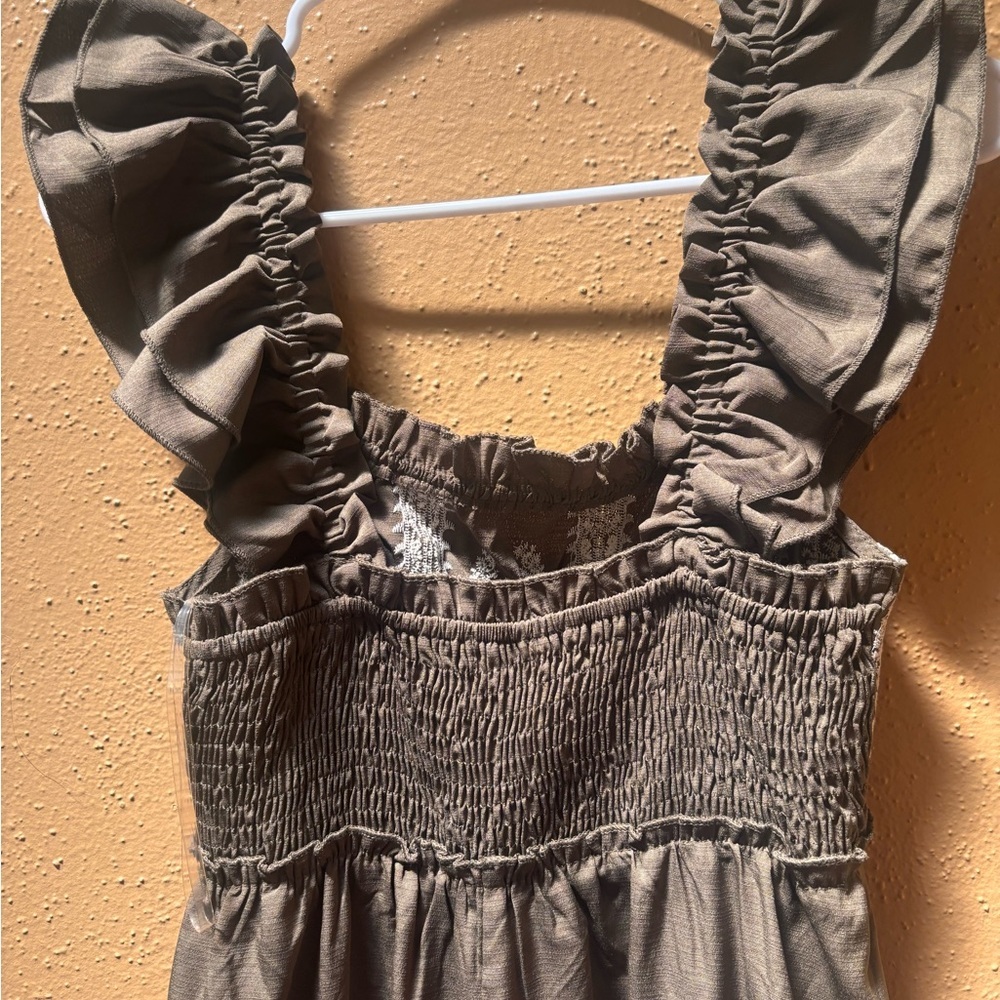 Boho Embroidered Ruffle Strap Tiered Maxi Dress Olive Brown Smocked Back Women - Picture 4 of 6